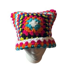 Handmade Crochet Cat Beanie made in Granny Square Style 22” IN CIRC.